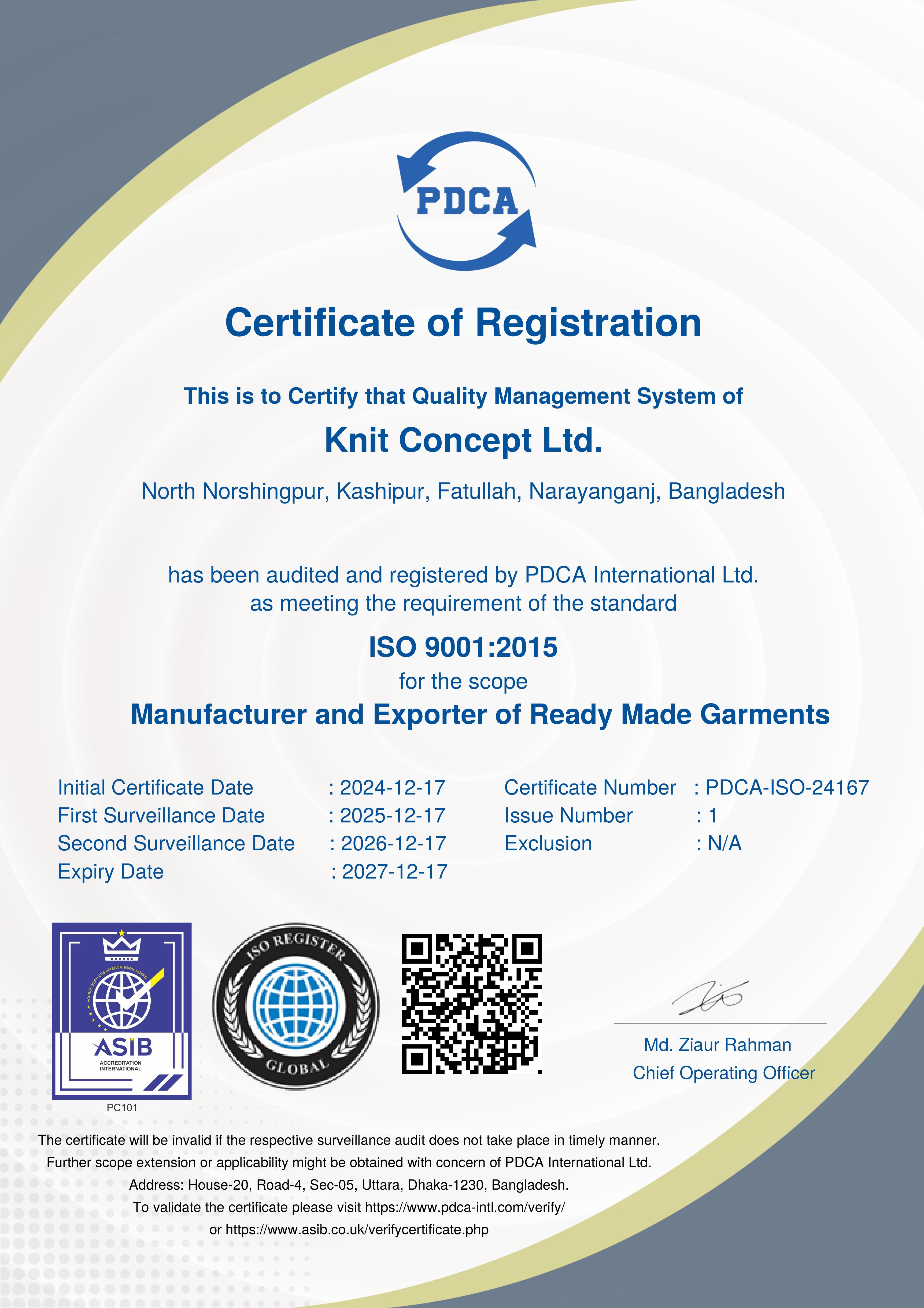 ISO 9001:2015 Certificate — Knit Concept Ltd.