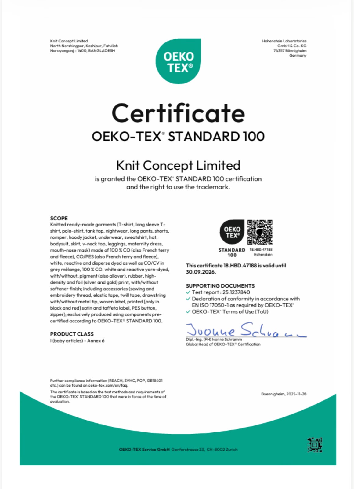 OEKO-TEX Standard 100 Certificate — Knit Concept Ltd.